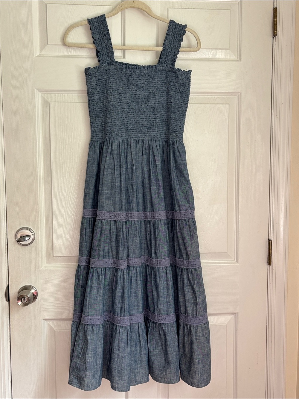 Lands End Denim Smocked Tiered Dress Blue Cotton cottage size Medium western